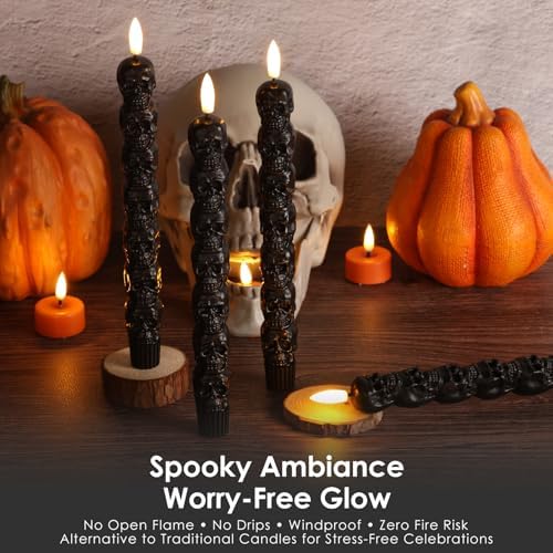 Black Skull Halloween Flameless Taper Candles with Remote Set of 2 - Image 4