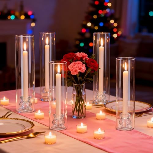 3 Set Hurricane Glass Candlestick Holders 12.6" Two Side Open Glass Candle Holders and 2.2" Taper Candlesticks Holder Bulk for Table Centerpiece Wedding Christmas Home Decor - Image 3
