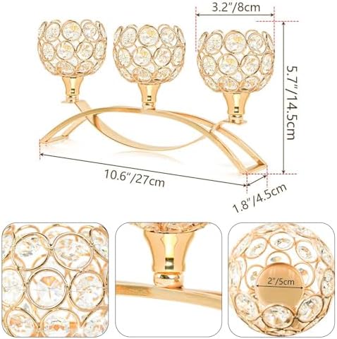 Crystal Tealight Candle Holder Centerpiece Home Decorative Candlestick Holder Elegant Table Centerpiece Home Decor Wedding Party Anniversary (Gold, 3 Arm of 4 Pcs) - Image 2