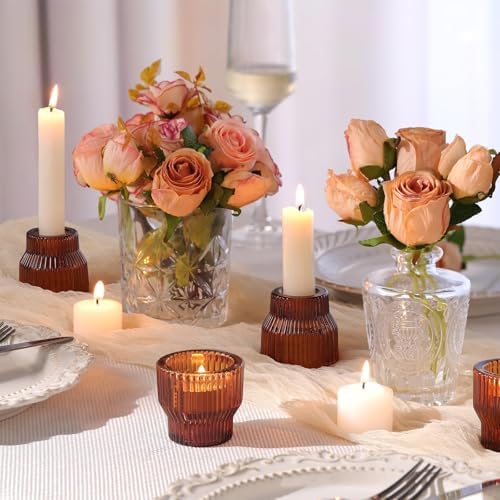 12 Pack Amber Taper Candle Holders, Glass Tea Light Candlestick Holders - Image 5