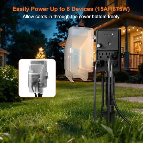 Outdoor Power Stake Waterproof Light Timer Dusk to Dawn 6 Outlets - Image 4