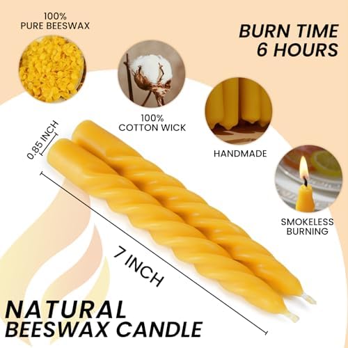 16PCS 7-Inch Pure Beeswax Spiral Taper Candles, Natural Raw, Dripless - Image 2
