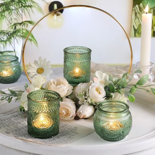DARJEN 12Pcs Green Votive Candle Holders - Glass Tea Light Candle Holder for Wedding Shower, Candle Holder Bulks for Wedding & Home Table Decor, Vintage Parties Gifts - Image 4
