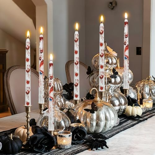 Halloween Decorations Taper Candles -YUKCAXDLS White Blood Handprint Horror Party Decor Candlestick Unscented Smokeless 10 Inch Tall Candle Set of 2 - Image 6