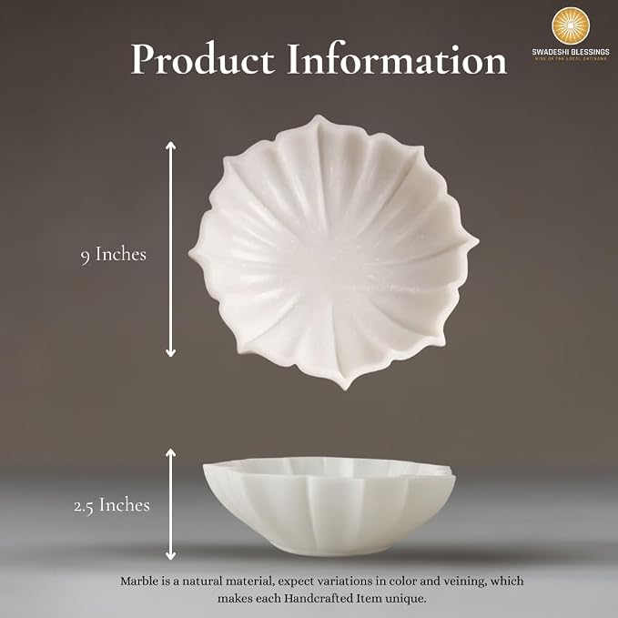 SWADESHI BLESSINGS HandCrafted Marble Lotus Bowl/Organic Modern Home Decor Bowl/Fruit Bowl/Vintage Ring Dish/Decorative Flower Dish/HouseWarming Gifts/Wedding Gifts/Urli (9 Inches)