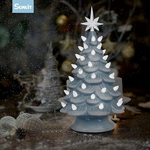 Sunlit Cordless Lighted Ceramic Christmas Tree Vintage Tabletop Christmas Decoration Pre-Lit Colorful Mini Light Bulbs 13" Traditional AA Battery Operated LED - White and Light Blue - Image 6