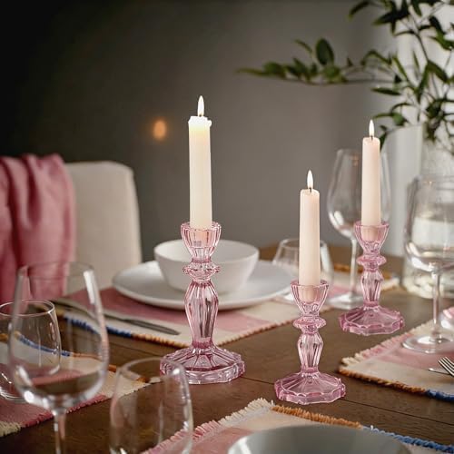 Glass Candlestick Holders Set of 3, Pink Stripe Taper Candle Holders for Table Centerpiece, Home Decorations, Wedding and Party - Image 5