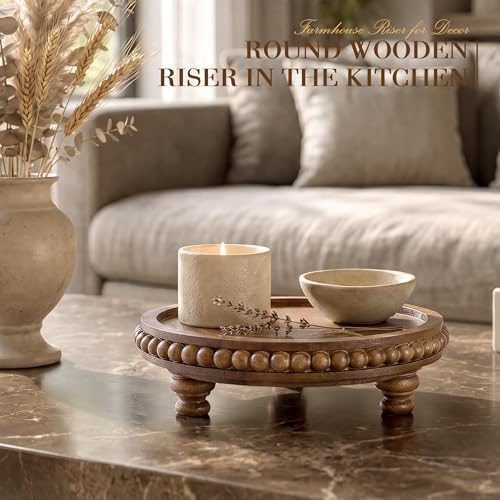 EOSAHR Acacia Wood Beaded Wood Riser, Pedestal Stand for Room Decor, Brown - Image 4