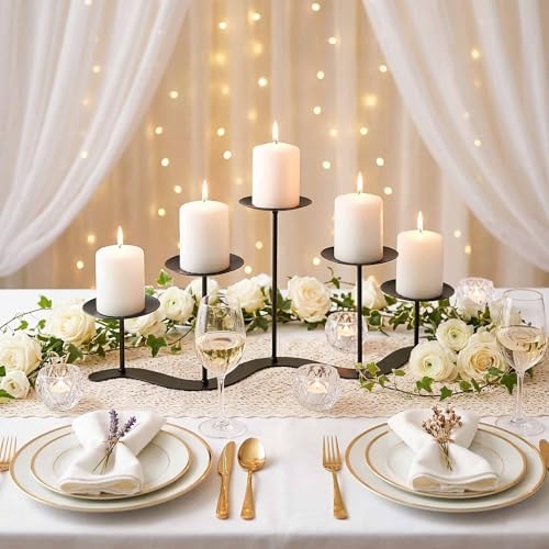 Wrought Iron 5-Arm Candle Stand, Heavy Duty S-Wave Pillar Holder - Image 2