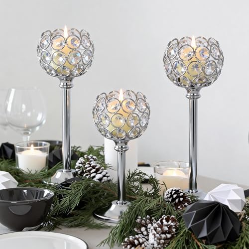 Silver Crystal Candle Holders Candlestick Holders - 2 Sets Tall Bling Bowl Candelabra Centerpieces for Dining Table, Wedding, Party & Fireplace Mantel Decor,6Pcs - Image 3
