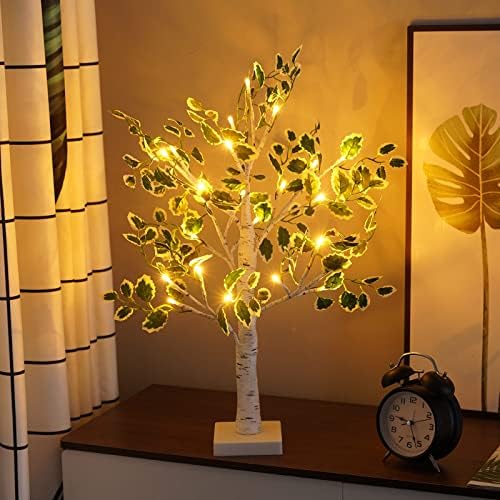 Lighted Birch Trees with Green Leaves for Indoor Decor, 2ft Light Up Tree Lamp with Timer, Fairy Light Spirit Tree for Christmas, Office, Wedding, Home Decorations, USB/Battery Powered by NXUEBDUOutlets