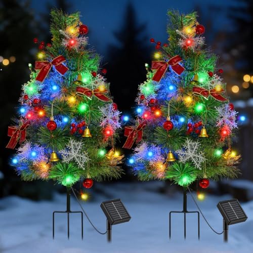 2 Pack Solar Christmas Tree Pathway Lights, Multicolor LED Outdoor Decor by TANSOREN
