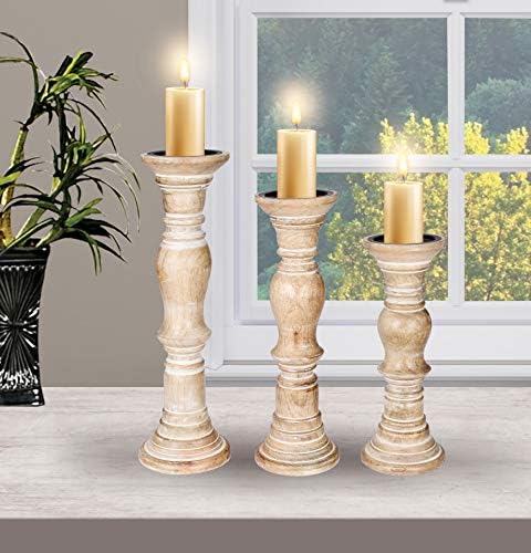 Rustic Candle Holder Set of 3 – 10", 8", 6" – Burnt Finish Wooden Pillar Stands for Wedding, Party, Home Décor, Spa – Country Style Gift for Table Centerpiece - Image 3