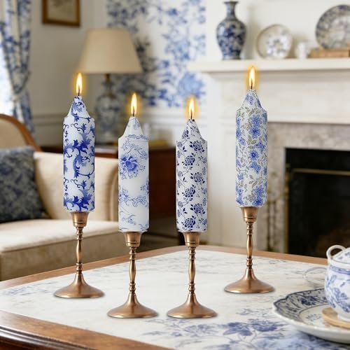 5 Inch Blue and White Short Taper Candles Hand Poured Smokeless Unscented Porcelain Style Chinoiserie Floral Candles for Wedding Nautical Dinner Home Decor Housewarming Gift Mother's Day Meditation - Image 6