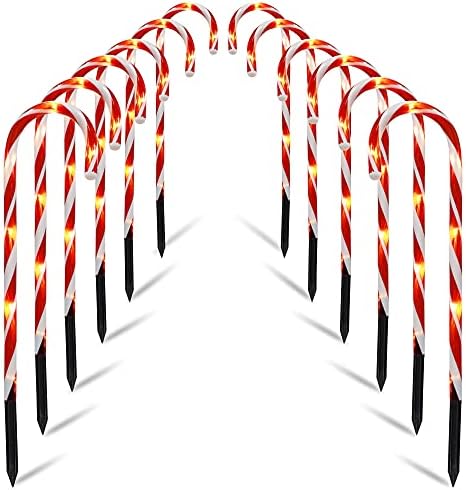 Biswing Christmas Outdoor Candy Cane Lights, 12 Pcs Christmas Pathway Markers with 72 Count Warm White Lights, Connectable for Indoor Outdoor Holiday Walkway Patio Garden Ornament by Biswing