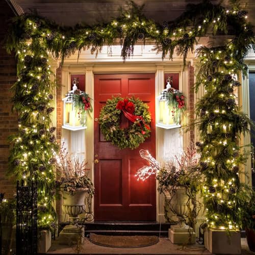 Metal Christmas Vintage Candle Lanterns with Remote Control and Led Light, Plaid Ribbon Decorative Hanging Lantern for Indoor Outdoor Porch Decorations Party Gift, White, WOKEISE - Image 4