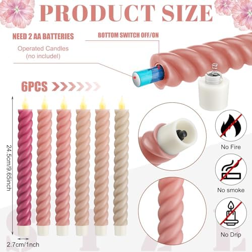Baquler 6 Pcs Pastel Pink Flameless Taper Candle Twisted LED 9.65 Inch Taper Candles Battery Operated Spiral Candlesticks for Valentine Wedding Birthday Home Party Holiday Dinner Fireplace - Image 2
