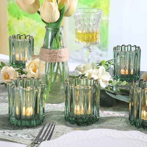 12PCS Glass Green Votive Candle Holder, Ribbed Tea Light Candles Holders - Image 4