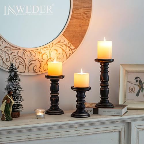Wood Pillar Candle Holder: Rustic Distressed Black Candle Stand - Image 2
