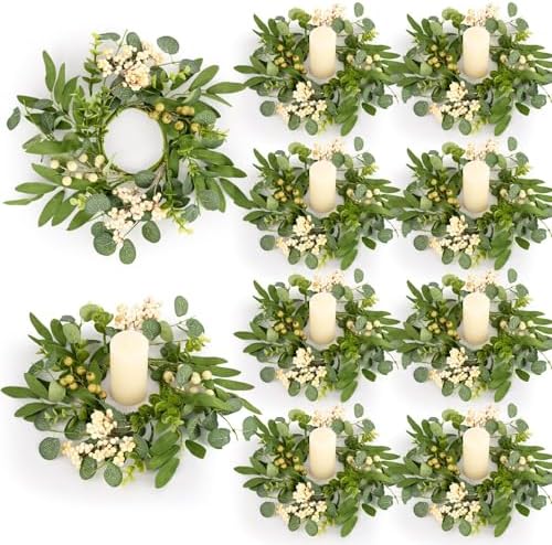 8 Pcs Green Eucalyptus Candle Rings Wreaths Spring Summer Kitchen Cabinet Wreaths Mini Green Berry Leaves Candle Wreath for Pillars Farmhouse Festival Wedding Celebrations Tabletop Decoration by Unknown