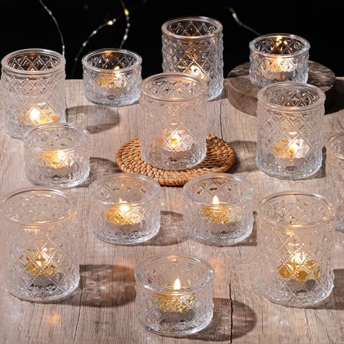 36 Pack Clear Glass Tealight Candle Holders for Wedding Centerpieces - Diamond Facet Votive Holders for Bridal Shower, Reception Tables, Event Decor - Bulk Tea Light Holders Set by TripodBird