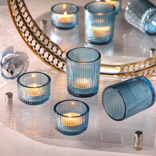 NITIME 10pcs Ribbed Blue Votive Candle Holders, Assorted Tea Light Candle Holder Glass, Blue Candle Holders for Table Centerpiece, Wedding Table Settings and Party Decorations - Image 6