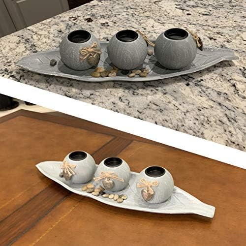 allgala HD90403 Wooden Candle Holder Tray 3 Ball Orbs Set Tealight Centerpiece with Pebbles on Leaf Tray for Coffee Table Dining Table Accents Bowl for Living Room Décor (Green) - Image 3