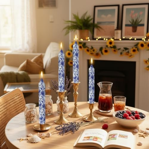 Long Blue and White Taper Candles 9 Inch Handmade Porcelain Style Wide Taper Candles Smokeless Unscented Clean Burning for Housewarming Gift New Home Entryway Cozy Hygge Bohemian Style Tall Decor - Image 4