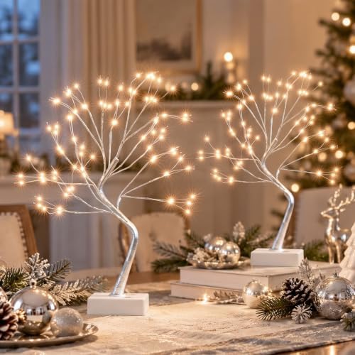EAMBRITE Fairy Light Tree, 108 Led Light up Trees Decor Indoor, 8 Modes Fairy Light Spirit Tree for Christmas Decorations, USB& Battery Tabletop Bonsai Tree for Home Bedroom Decorations (2 PK, Sliver) - Image 2