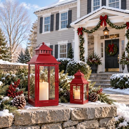 NEEDOMO Christmas Decorations Outdoor & Indoor, Set of 2 Outdoor Lanterns for Porch, Large Candle Lantern, Red Metal Frame with Glass, Vintage Farmhouse, Patio, Pathway, Garden, Christmas - Image 4