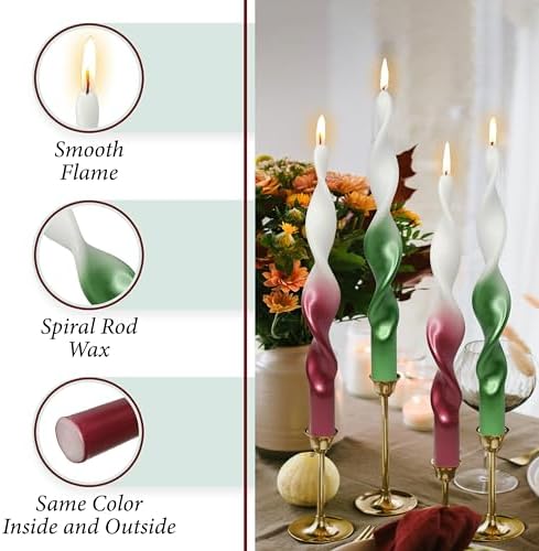 10 Inches Christmas Spiral Taper Candles Colorful Twisted Candle Dripless Long Candles, Handmade Candlesticks for Wedding Dinner Decor, Set of 4(Gradient Metallic Red Green) - Image 3
