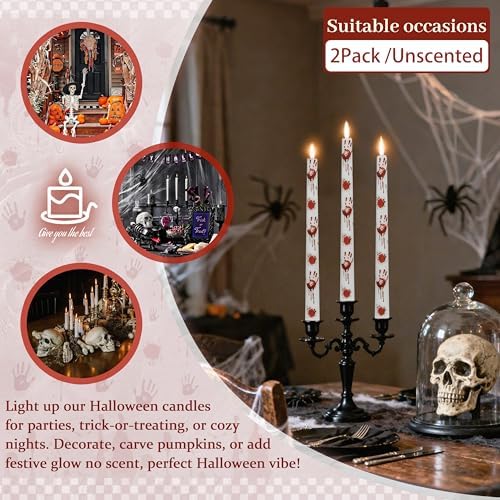 Halloween Decorations Taper Candles -YUKCAXDLS White Blood Handprint Horror Party Decor Candlestick Unscented Smokeless 10 Inch Tall Candle Set of 2 - Image 3