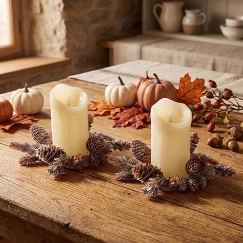 Daifunli 2 Pcs Christmas Fall Candle Rings Pine Cone Wreath Vintage Wreaths for Pillar 3.5 Inch Frosty Candles Holder for Winter Christmas Fall Home Rustic Table Centerpiece Decor - Image 3