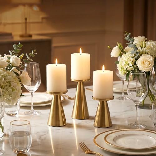 Set of 3 Gold Iron Pillar Candle Holders 4 & 4.7 & 6.4 Inch Tall - Image 4