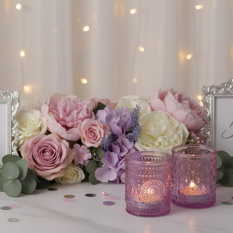 LETINE 16 Pack Purple Votive Candle Holders for Tea Lights Candles, Assorted Glass Candle Holder Bulk Set with 4 Patterns for Home Decor, Parties & Wedding Centerpieces - Image 3