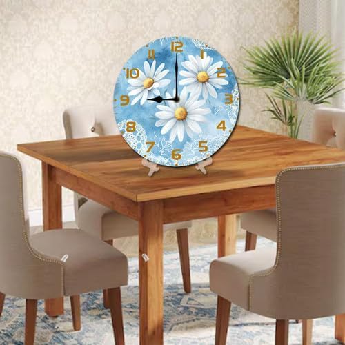 Chamomile Flowers Daisies Wooden Silent Non-Ticking 10 Inch Round Clocks Battery Operated Analog for Living Room Kitchen Bedroom Bathroom Office Home School Decor