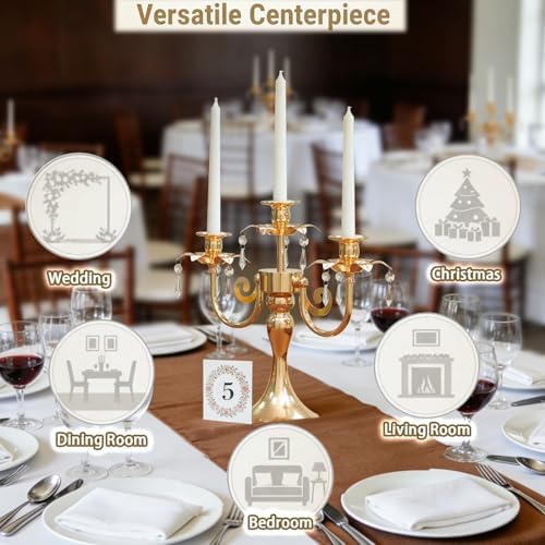 Metal 3 Arm Gold Candelabra with Crystal Pendants - 11.8 Inch Tall Candle Holders, Set of 6 - Elegant Taper Candlestick Stand for Wedding, Dining Table, Party Home Decoration - Image 4