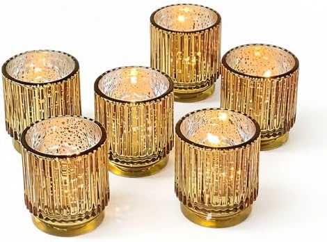 Kate Aspen Gold Votive Candle Holders - Vintage Ribbed Glass Candle Holder Set of 6 - Mercury Glass Tealight Holders for Christmas Table Decor, Holiday Centerpieces, Fall Thanksgiving Tablescape by KateAspen