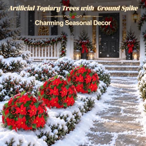 2PCS Poinsettia Pine Cone Topiary Trees with Spike Christmas Decor - Image 4