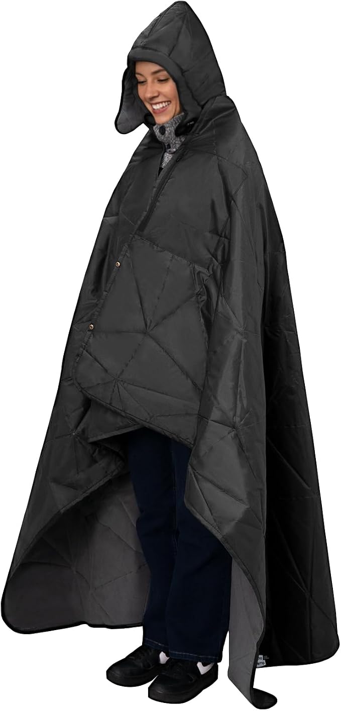 Large Waterproof Outdoor Blanket Thick Fleece 80" x 58" | Windproof Stadium Blanket, Wearable Poncho, Machine Washable for Camping, Car, Pet, Picnics - Black Gray Hooded