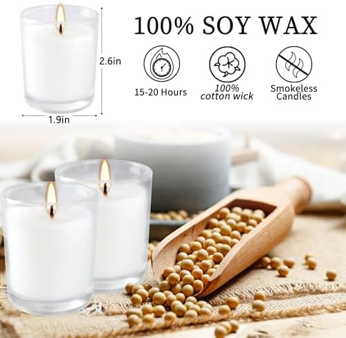 20 Pack Unscented White Clear Glass Filled Votive Candles | Soy Wax, Smokeless, Hand Poured Wax Candles Ideal for Aromatherapy, Spa, Weddings, Birthdays, Holidays & Party Decor - Image 2