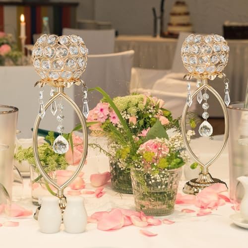 2 Pcs Gold Elegant Metal Crystal Tea Light Candle Holders with Bling Crystal Pendants, Hollow Design - Wedding Table Centerpieces for Anniversary Birthday Party, Home Decor - Image 4