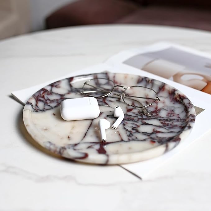 DUANYAN Natural Marble Tray, Coffee Table, Food, Fruit, Paper Cup, Cake Display, Coffee bar, Family Gatherings, Seasonal Holiday Decoration Tray(Viola-circular-9.8"x9.8"x0.7")