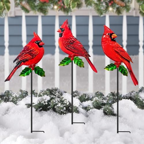 Cardinal Bird Garden Stakes, Metal Red Cardinal Yard Stakes Christmas Decor by WAIUHOMEGARDEN