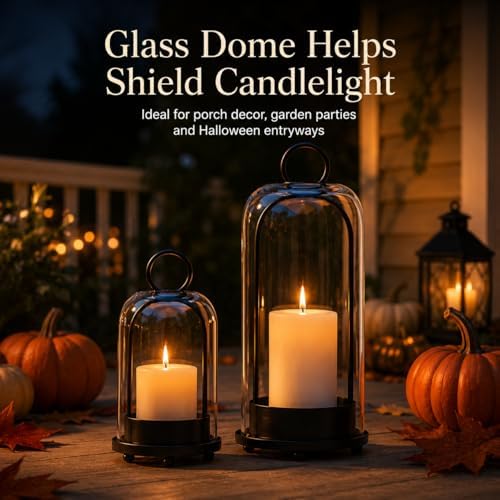 Hurricane Glass Candle Holders in Antique Brass, 5" & 4" Wide Gold Vintage Metal Candlesticks Holders for Pillar Candle Lantern with Handmade Thick Glass Dome, Industrial, Modern Home Decor (Black) - Image 7