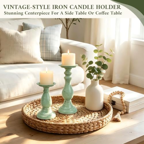 Vintage Metal Pillar Candle Holders Set of 2,Heavy Candle Stands Sage Green - Image 5