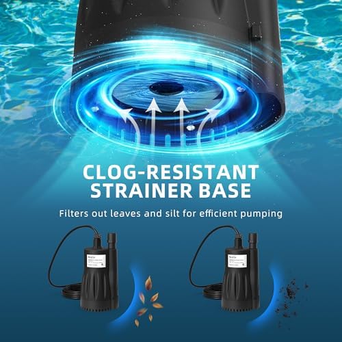 1/3 HP Submersible Water Pump, 1800 GPH, 29 FT Lift, Auto Start/Stop | IP68 nylon utility pump starts above 1 in and drains to 1/2 in, fits 3/4 in garden hose and 1-1/4 in drain hoses, 10 ft cord