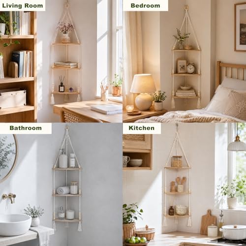 Artilady Macrame Corner Shelf Wall Hanging 3-Tier Adjust Boho Storage Decor - Image 3