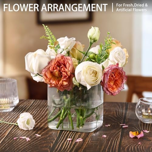 Square Clear Glass Vases Set of 6, 5" x 5" x 5" Flower Vases for Centerpieces, Square Vase for Centerpieces, Small Ribbed Flower Vases for Wedding, Party, Home Office Decoration - Image 6