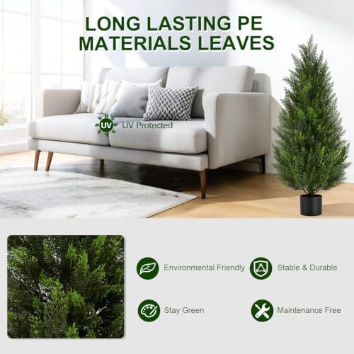 VIVATREES 5FT Artificial Topiary Cedar Trees, UV-Resistant Faux Evergreen Outdoor Plants, Artificial Pine Tree for Outdoor Front Porch Patio Entryway Decor, Set of 2 - Image 3